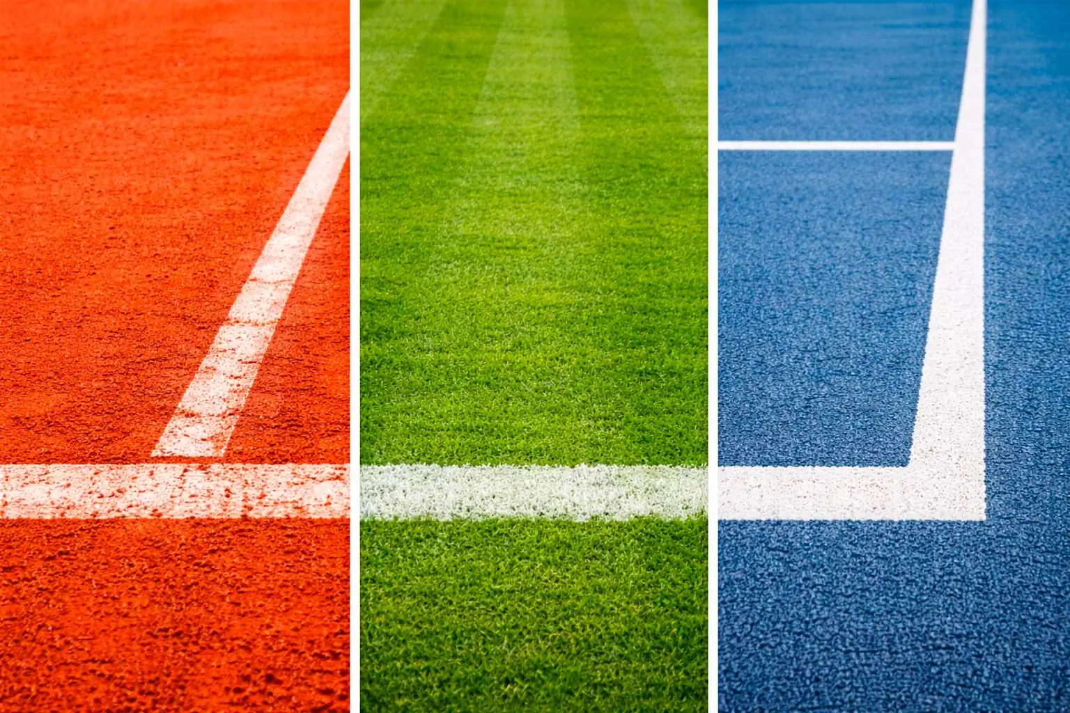 Geteiltes Bild zeigt drei Tennisplatzbeläge: roter Sand, grüner Rasen und blauer Hartplatz